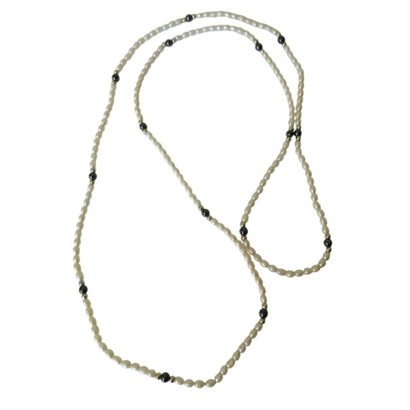 Freshwater Rice Pearl Necklace &‎ Sterling Onyx Bead 36" Continuous Necklace - Picture 3 of 3